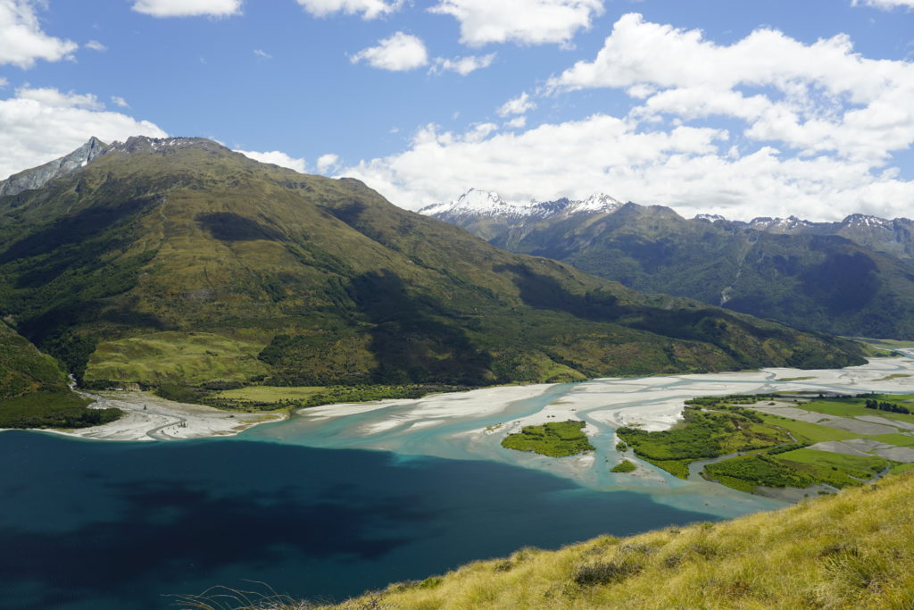 Makarora river enters the Lake Wanaka