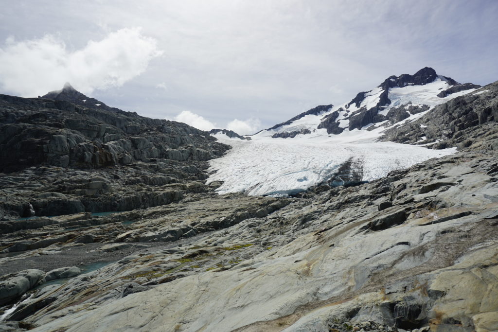 In front grey alpine terrain with a white glacier from center to background