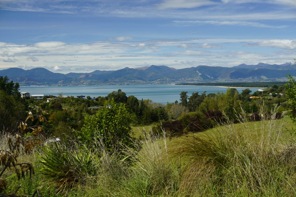Blue sky, sun is shiining, view from a hill, in front the slope of the hill covered with bush leading down to the coast, in the distance a mountain skyline with the blue ocean in front